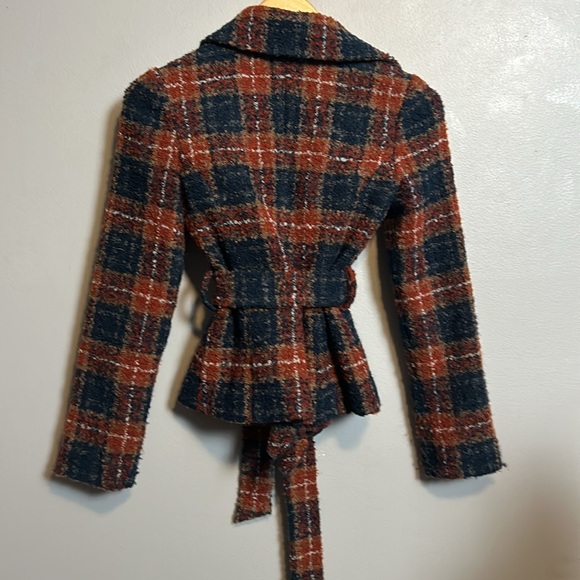 Anthropologie Tabitha Blue Waist Tie Tweed Ruffle Collar Plaid Wool Blazer Sze 0 - Picture 3 of 16